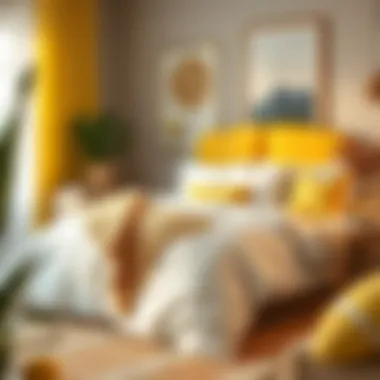 Vibrant interior decor featuring yellow and white comforter