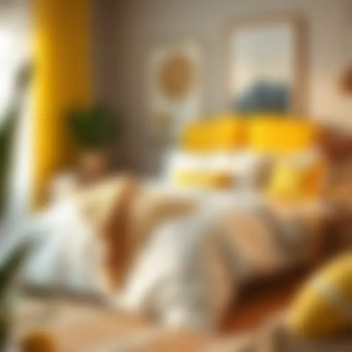 Vibrant interior decor featuring yellow and white comforter